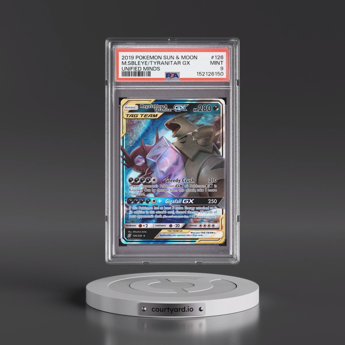 2019 Pokémon Sun & Moon Unified Minds #126 Mega Sableye & Tyranitar GX - Holo (PSA 9 MINT)