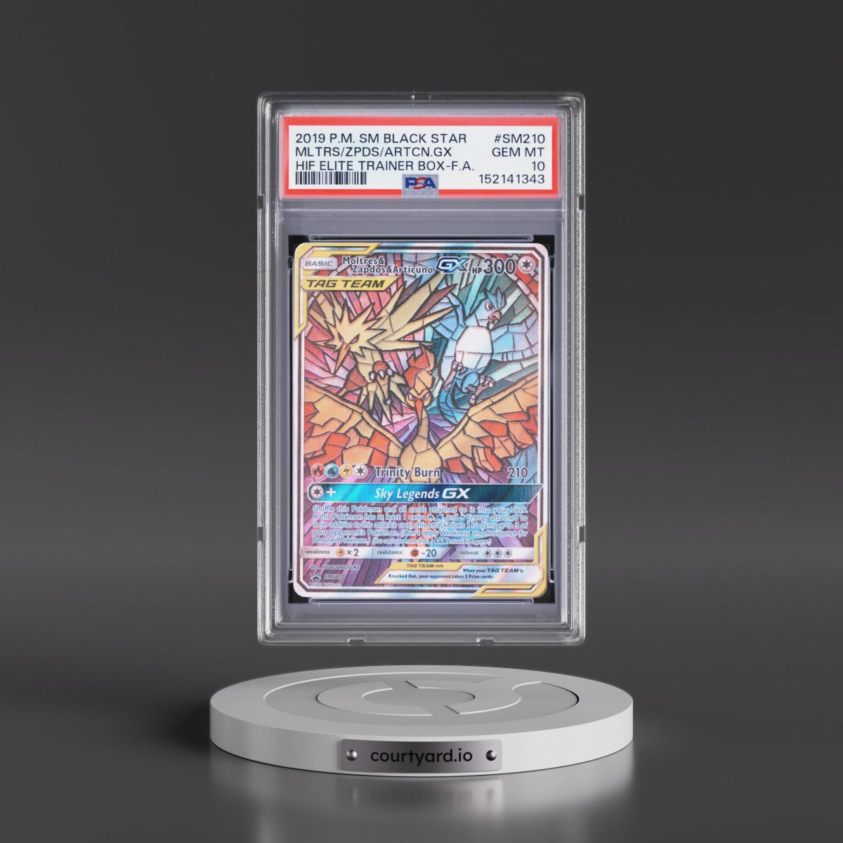 2019 Pokémon SM Black Star Promo #SM210 Moltres & Zapdos & Articuno GX - Holo Full Art Hidden Fates Elite Trainer Box (PSA 10 GEM MINT)