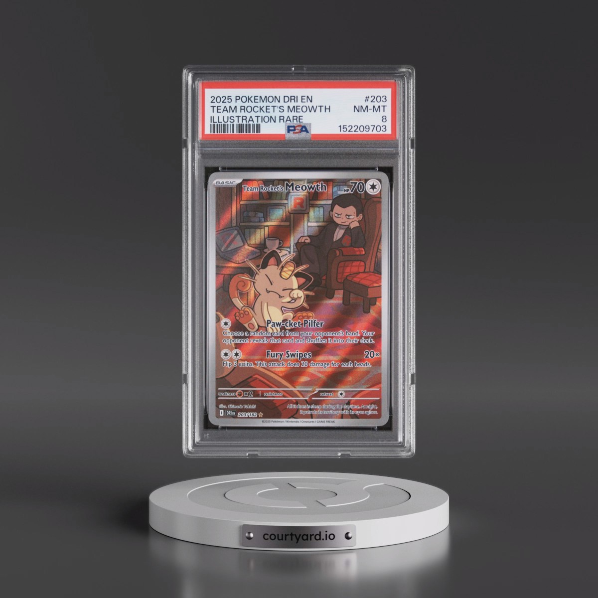 2025 Pokémon Dri EN-Destined Rivals #203 Team Rocket's Meowth - Illustration Rare (PSA 8 NM-MT)