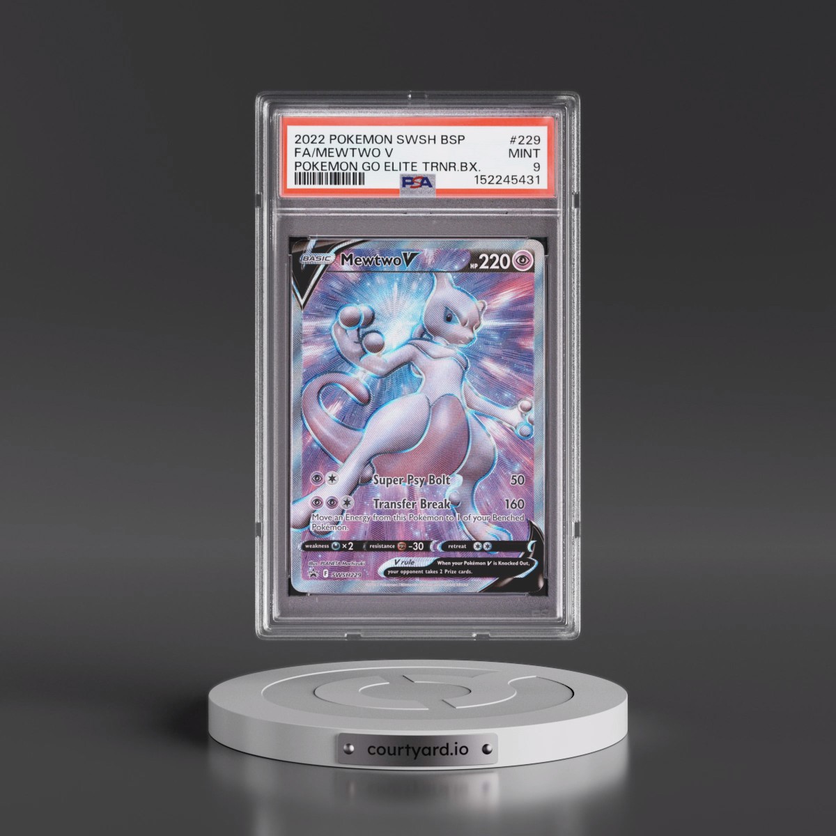 2022 Pokémon Swsh Black Star Promo #229 Mewtwo V - Holo Full Art Pokemon Go Elite Trainer Box (PSA 9 MINT)