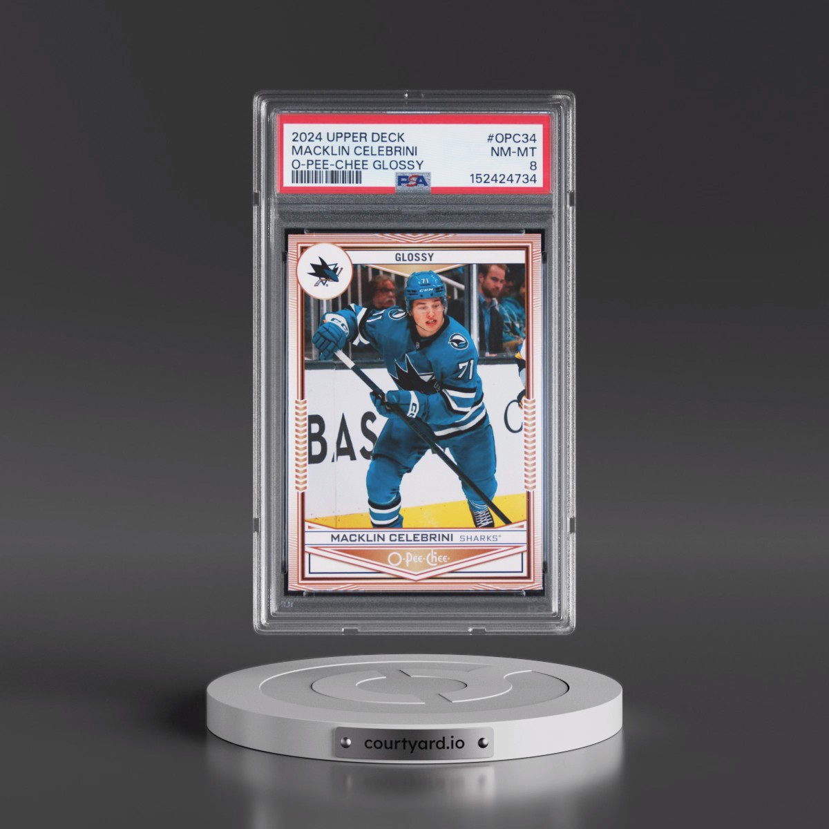 2024 Upper Deck O-Pee-Chee Glossy #OPC34 Macklin Celebrini (PSA 8 NM-MT)