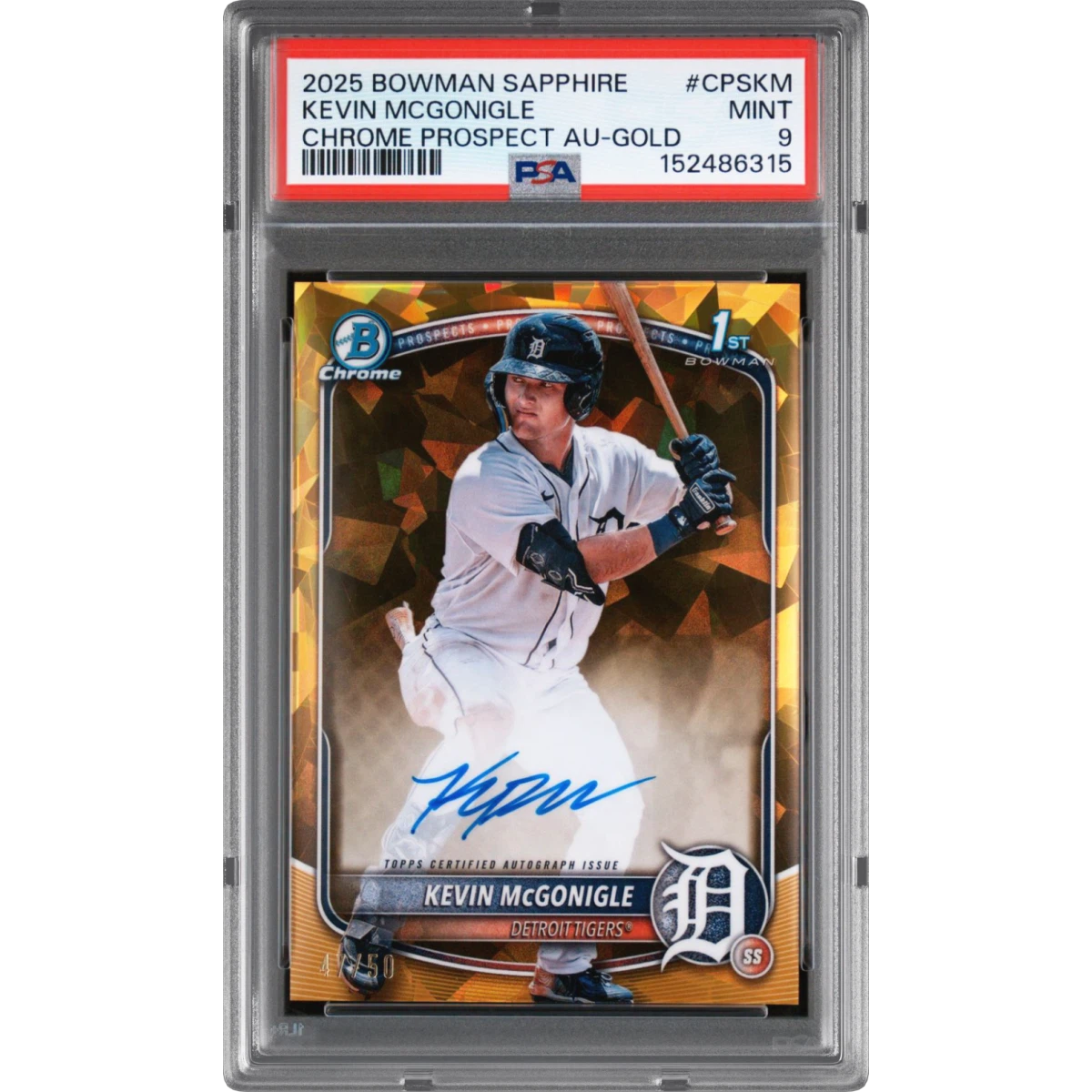 2025 Bowman Sapphire Edition Chrome Prospects Sapphire Autographs #CPSKM Kevin Mcgonigle - Gold (PSA 9 MINT)