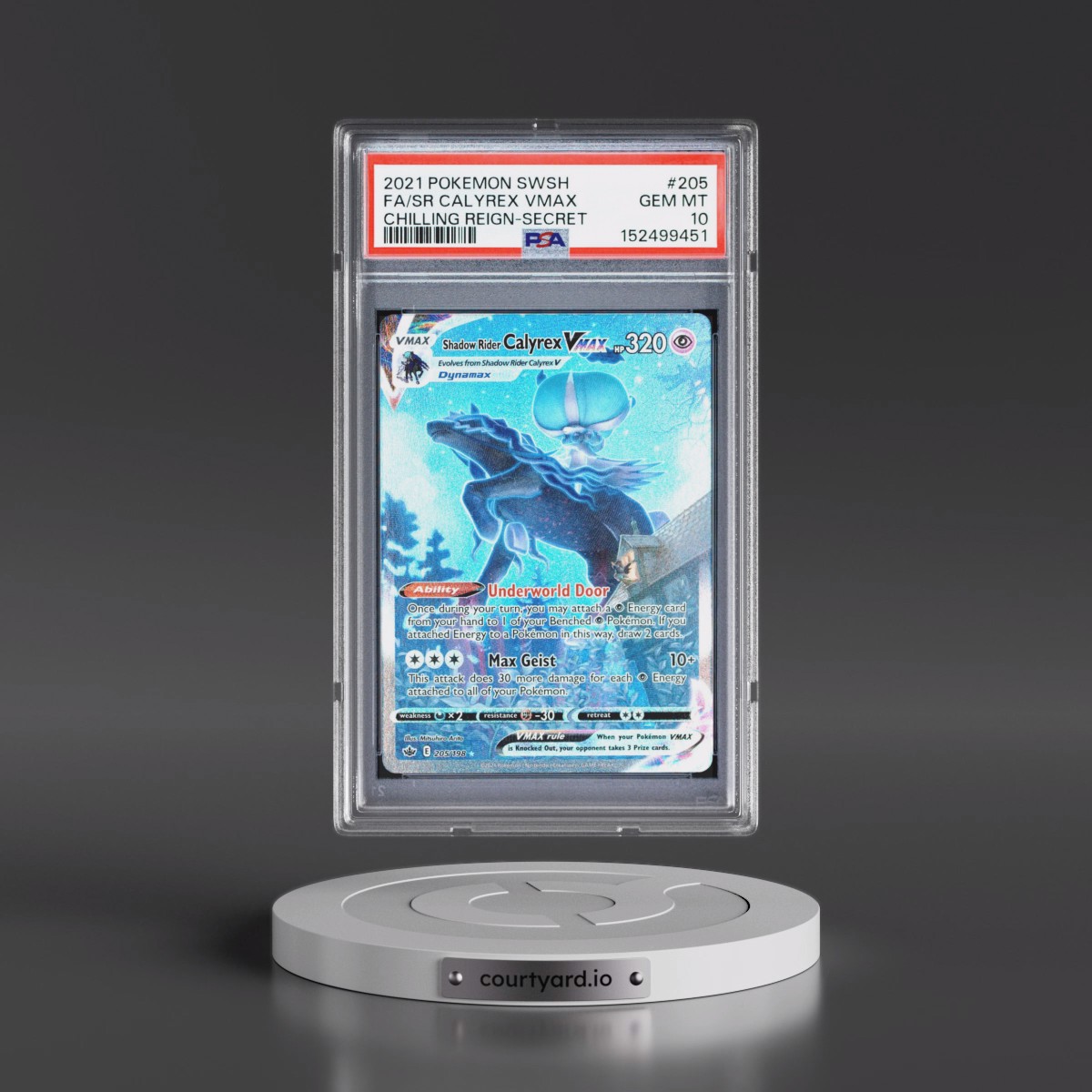 2021 Pokémon Sword & Shield Chilling Reign #205 Shadow Rider Calyrex Vmax - Full Art Secret (PSA 10 GEM MINT)