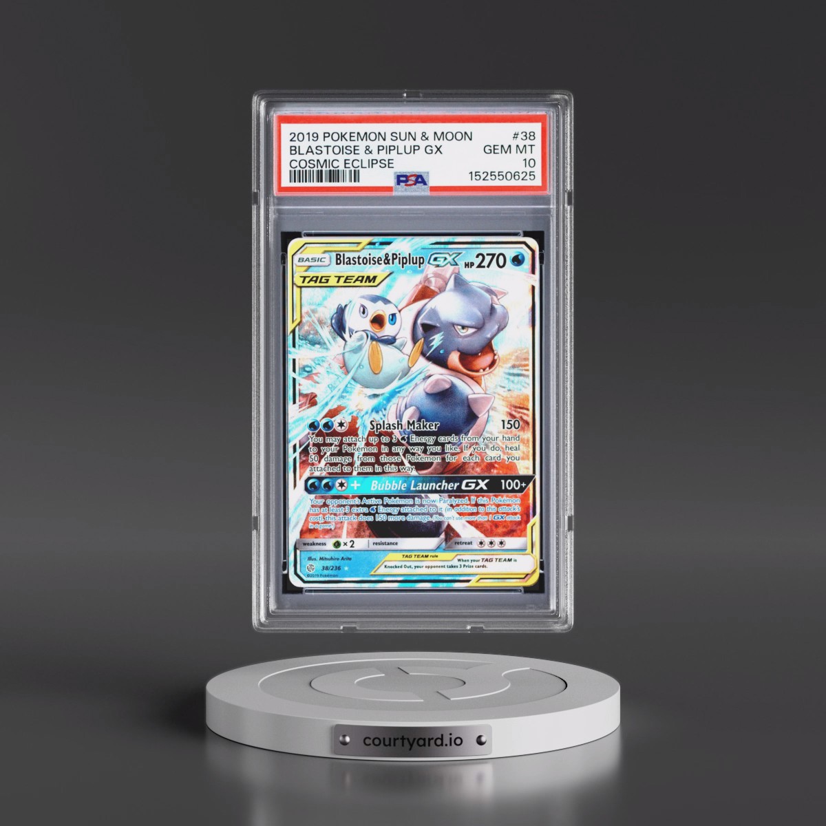 2019 Pokémon Sun & Moon Cosmic Eclipse #38 Blastoise & Piplup GX - Holo (PSA 10 GEM MINT)