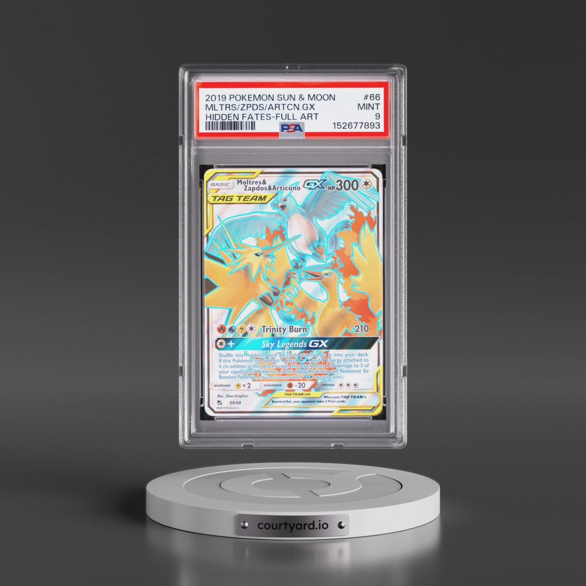 2019 Pokémon Sun & Moon Hidden Fates #66 Moltres & Zapdos & Articuno GX - Holo Full Art (PSA 9 MINT)