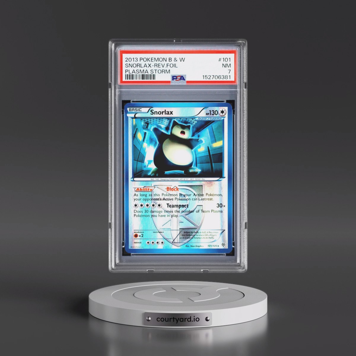 2013 Pokémon Black & White Plasma Storm #101 Snorlax - Reverse Foil (PSA 7 NM)