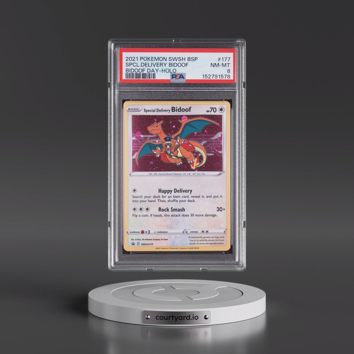 2021 Pokémon Swsh Black Star Promo #177 Special Delivery Bidoof - Holo Bidoof Day (PSA 8 NM-MT)