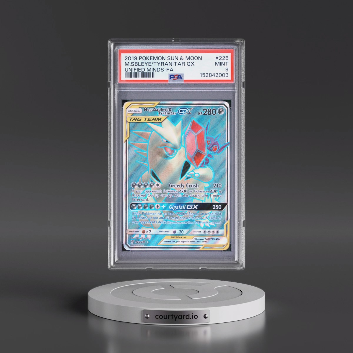 2019 Pokémon Sun & Moon Unified Minds #225 Mega Sableye & Tyranitar GX - Holo Full Art (PSA 9 MINT)