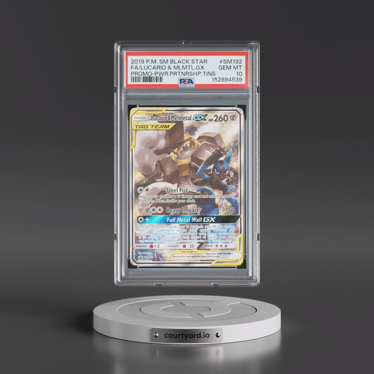 2019 Pokémon SM Black Star Promo #SM192 Lucario & Melmetal GX - Holo Full Art Power Partnership Tins (PSA 10 GEM MINT)