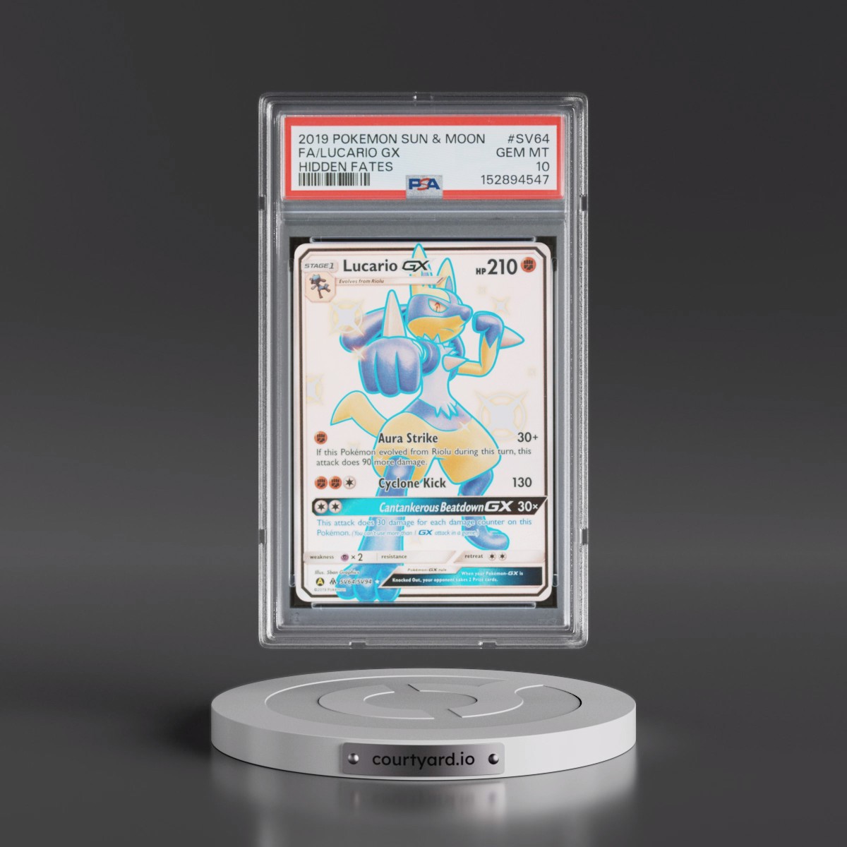 2019 Pokémon Sun & Moon Hidden Fates #SV64 Lucario GX - Holo Full Art (PSA 10 GEM MINT)