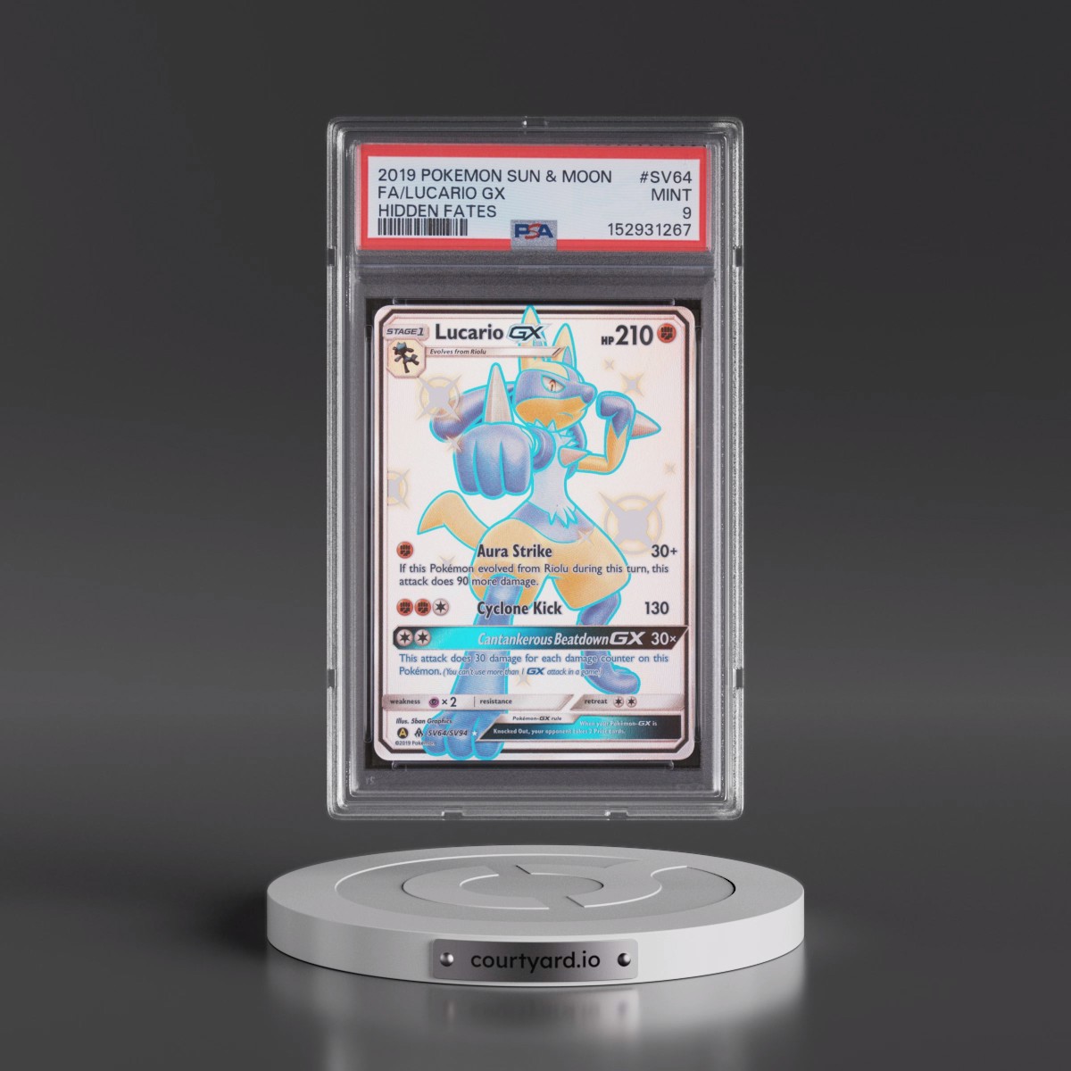 2019 Pokémon Sun & Moon Hidden Fates #SV64 Lucario GX - Holo Full Art (PSA 9 MINT)