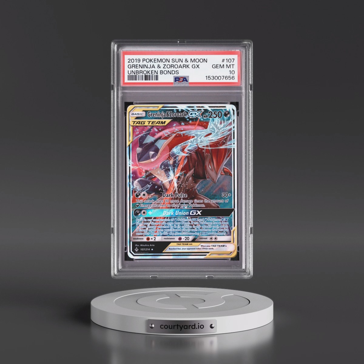 2019 Pokémon Sun & Moon Unbroken Bonds Greninja & Zoroark GX - Holo #107 PSA 10