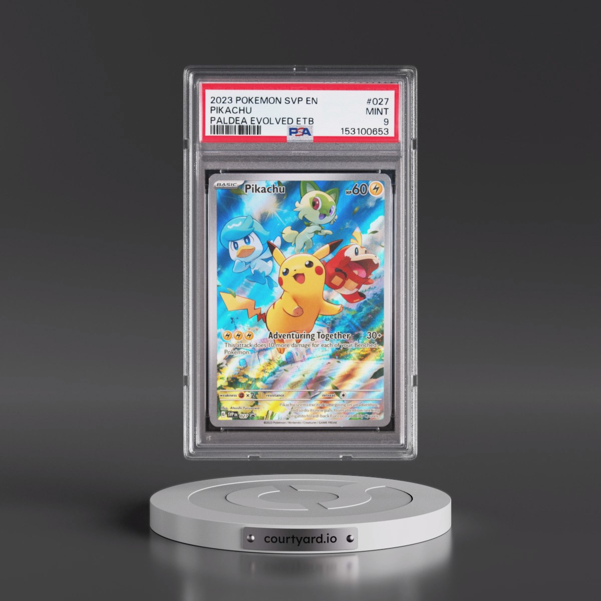 2023 Pokémon Svp EN-SV Black Star Promo #027 Pikachu - Paldea Evolved Elite Trainer Box (PSA 9 MINT)
