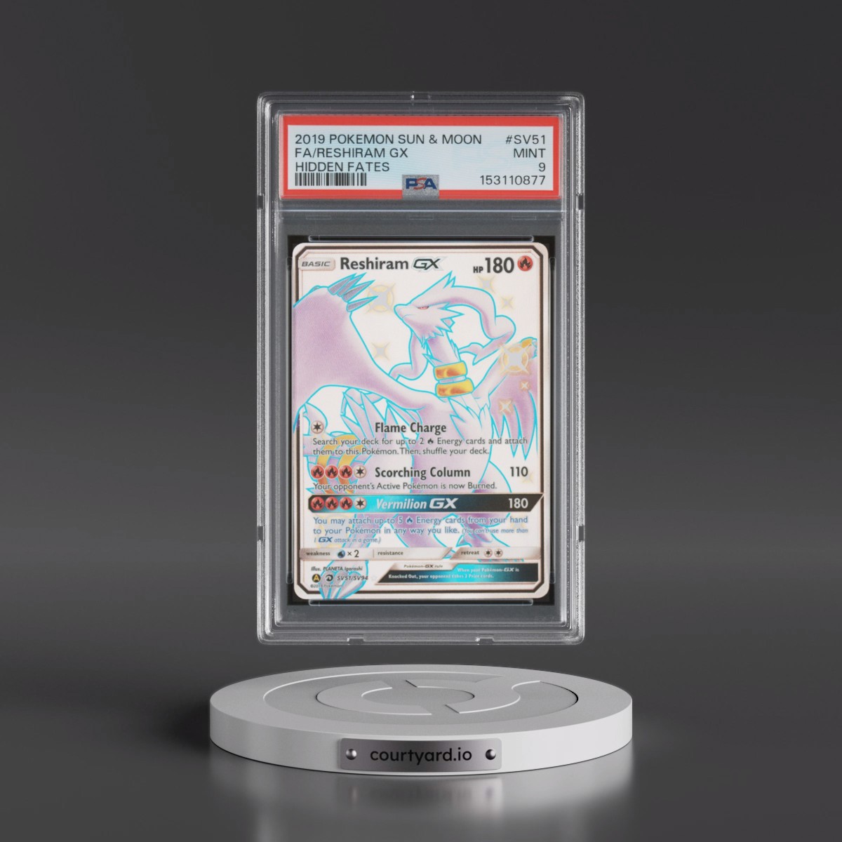 2019 Pokémon Sun & Moon Hidden Fates #SV51 Reshiram GX - Holo Full Art (PSA 9 MINT)