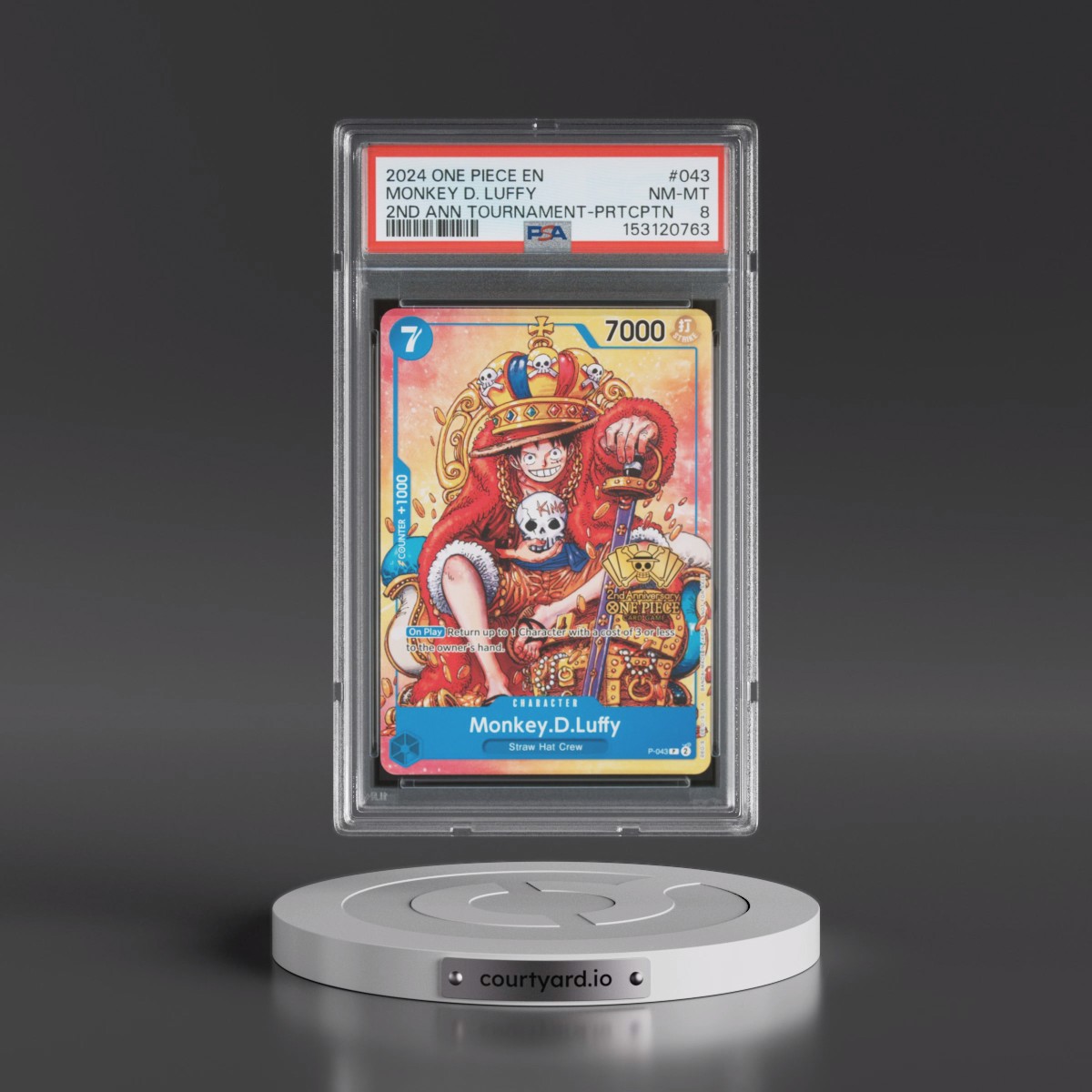 2024 One Piece Promos #043 Monkey D. Luffy - 2nd Anniversary Tournament-Participation (PSA 8 NM-MT)