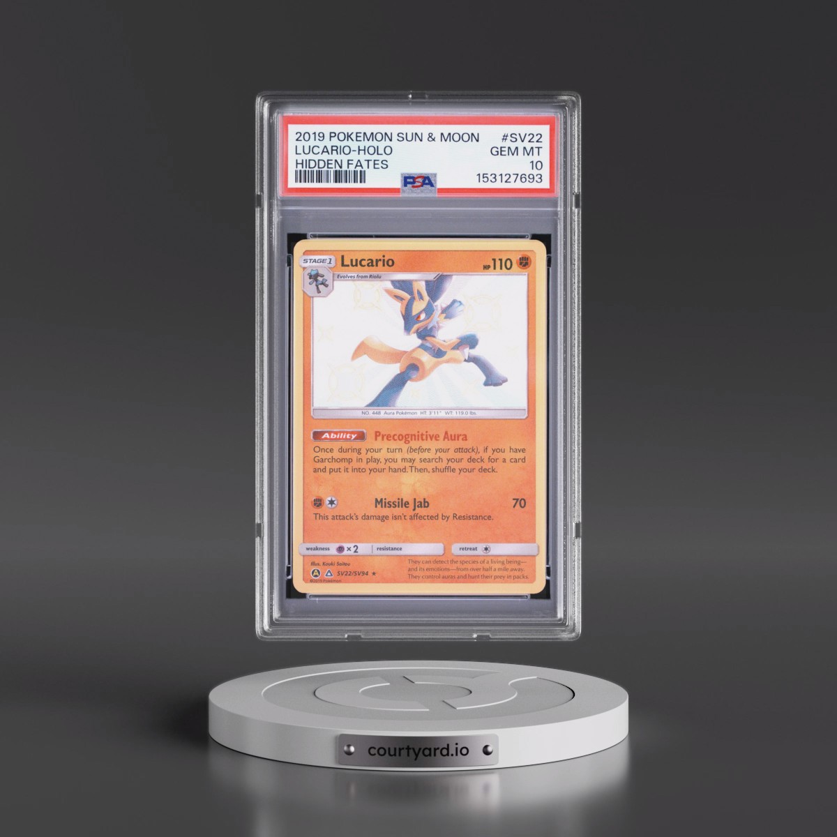 2019 Pokémon Sun & Moon Hidden Fates #SV22 Lucario - Holo (PSA 10 GEM MINT)