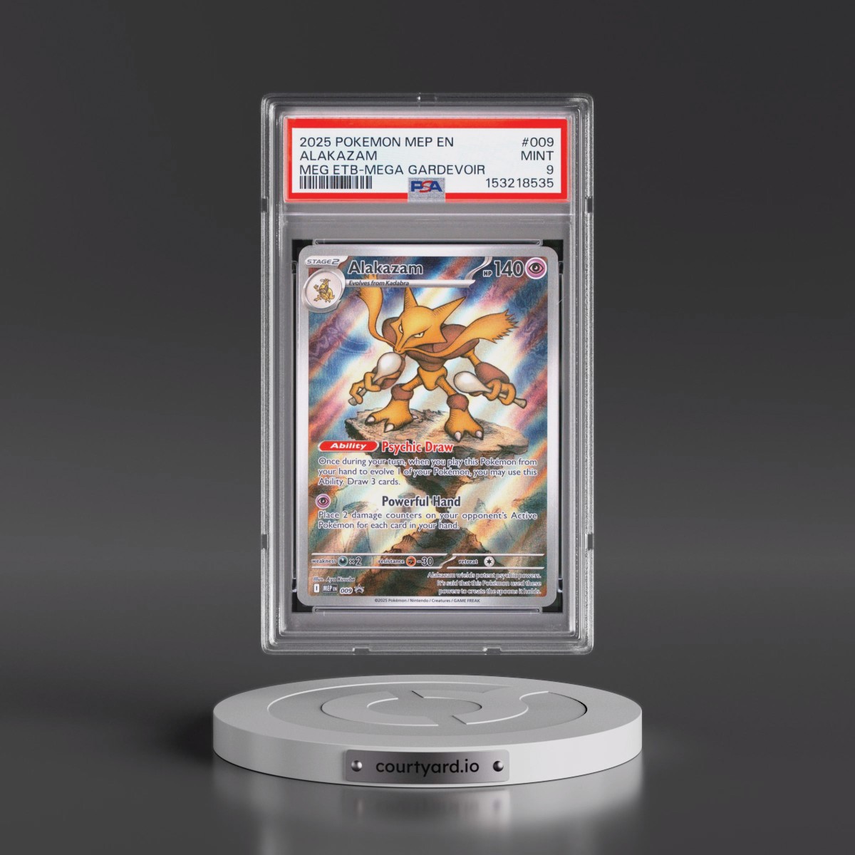 2025 Pokémon Mep EN-Me Black Star Promo #009 Alakazam - Mega Evolution Elite Trainer Box-Mega Gardevoir (PSA 9 MINT)