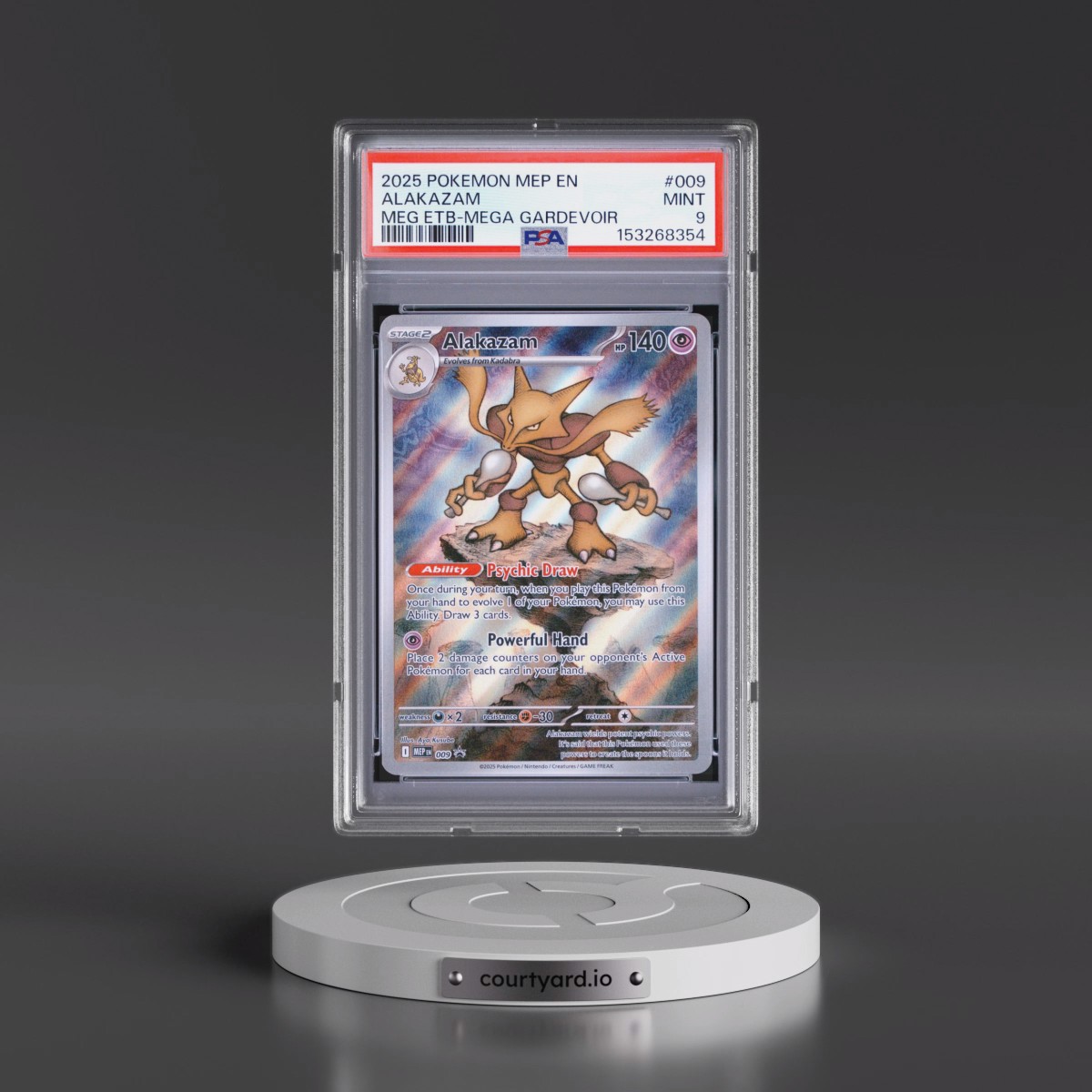 2025 Pokémon Mep EN-Me Black Star Promo #009 Alakazam - Mega Evolution Elite Trainer Box-Mega Gardevoir (PSA 9 MINT)