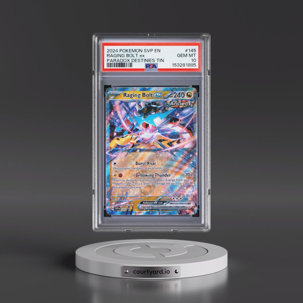 2024 Pokémon Svp EN-SV Black Star Promo #145 Raging Bolt EX - Holo Paradox Destinies Tin (PSA 10 GEM MINT)