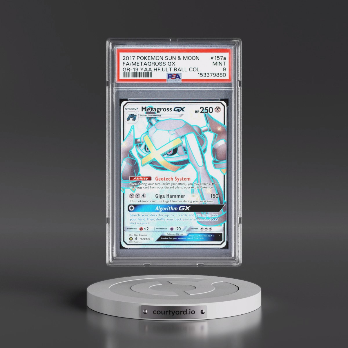 2017 Pokémon Sun & Moon Guardians Rising #157a Metagross GX - Holo Full Art 2019 Yellow A Alternate Art Hidden Fates Ultra Ball Collection (PSA 9 MINT)