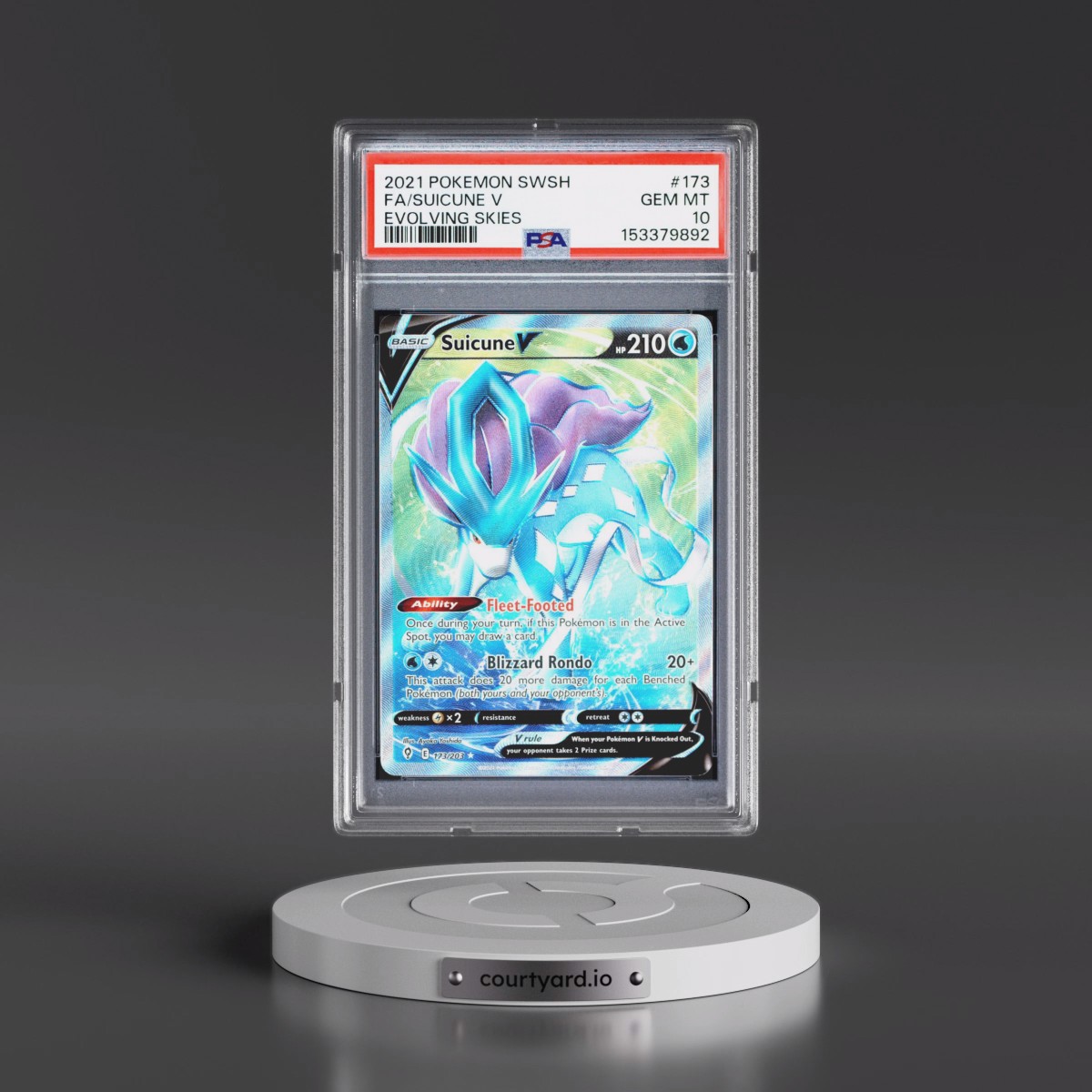 2021 Pokémon Sword & Shield Evolving Skies #173 Suicune V - Holo Full Art (PSA 10 GEM MINT)