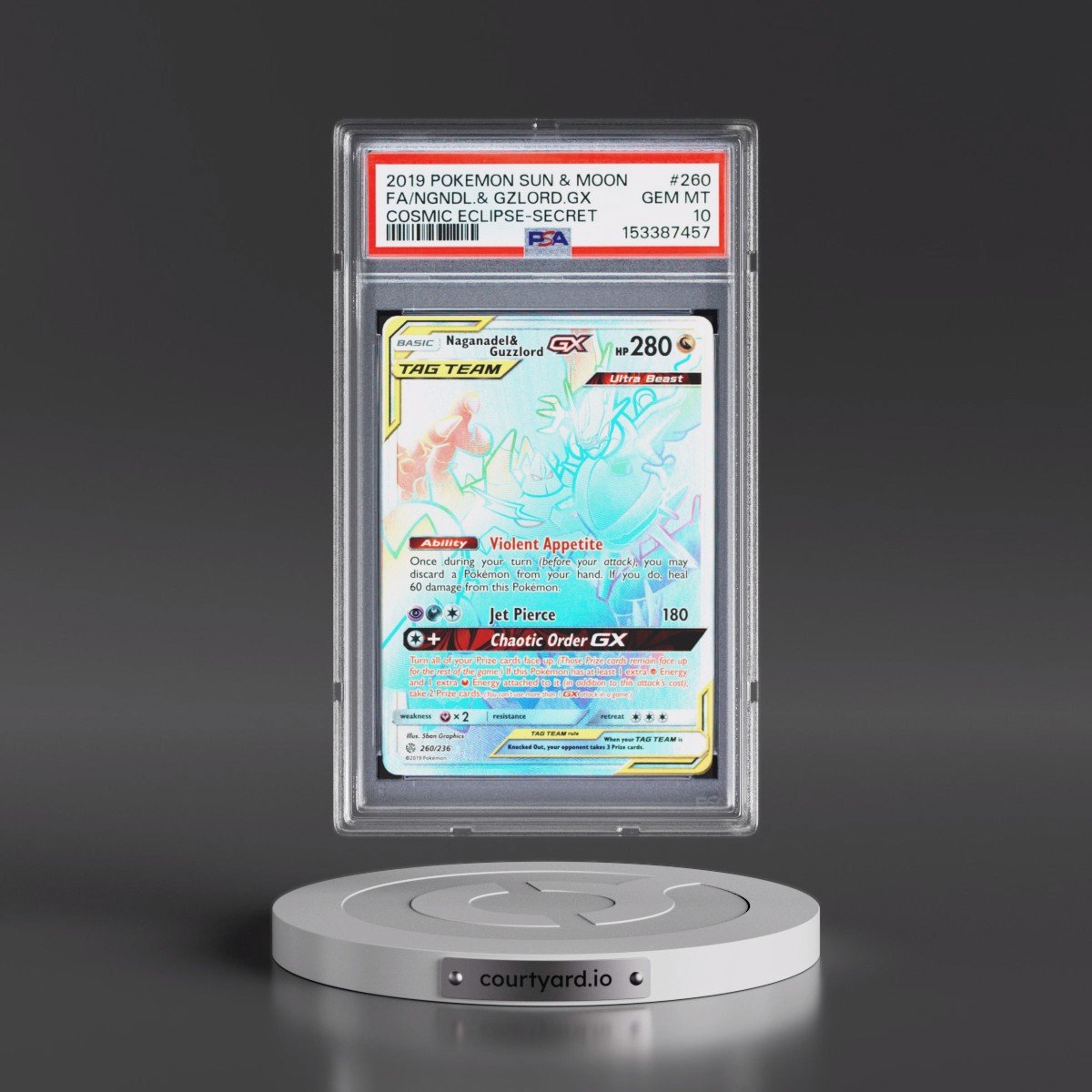 2019 Pokémon Sun & Moon Cosmic Eclipse #260 Naganadel & Guzzlord GX - Holo Full Art Secret (PSA 10 GEM MINT)