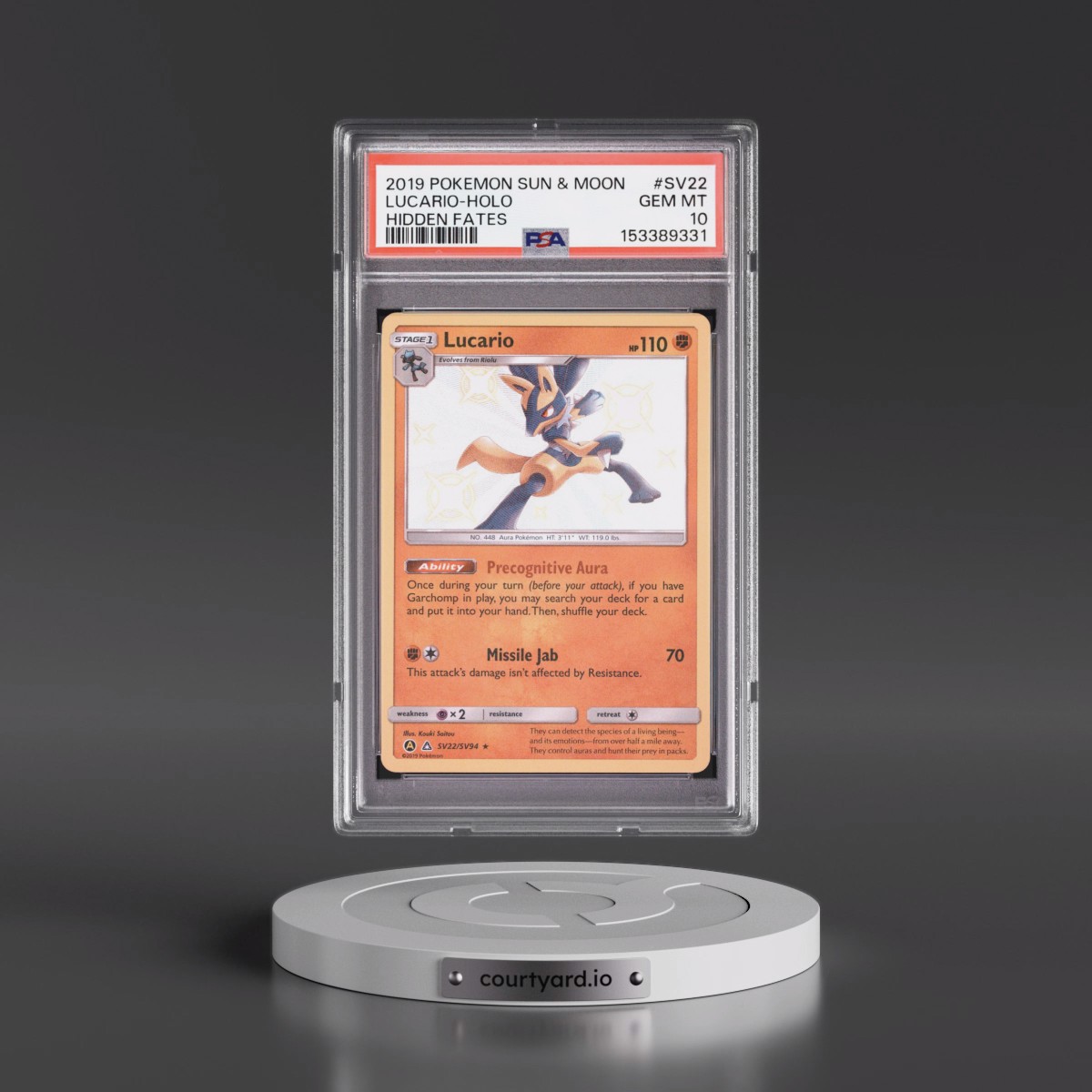 2019 Pokémon Sun & Moon Hidden Fates #SV22 Lucario - Holo (PSA 10 GEM MINT)