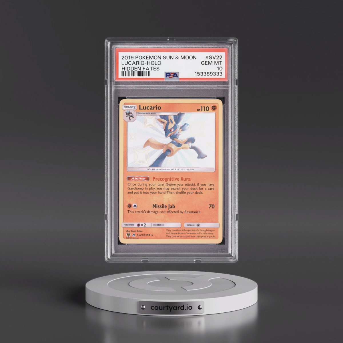 2019 Pokémon Sun & Moon Hidden Fates #SV22 Lucario - Holo (PSA 10 GEM MINT)