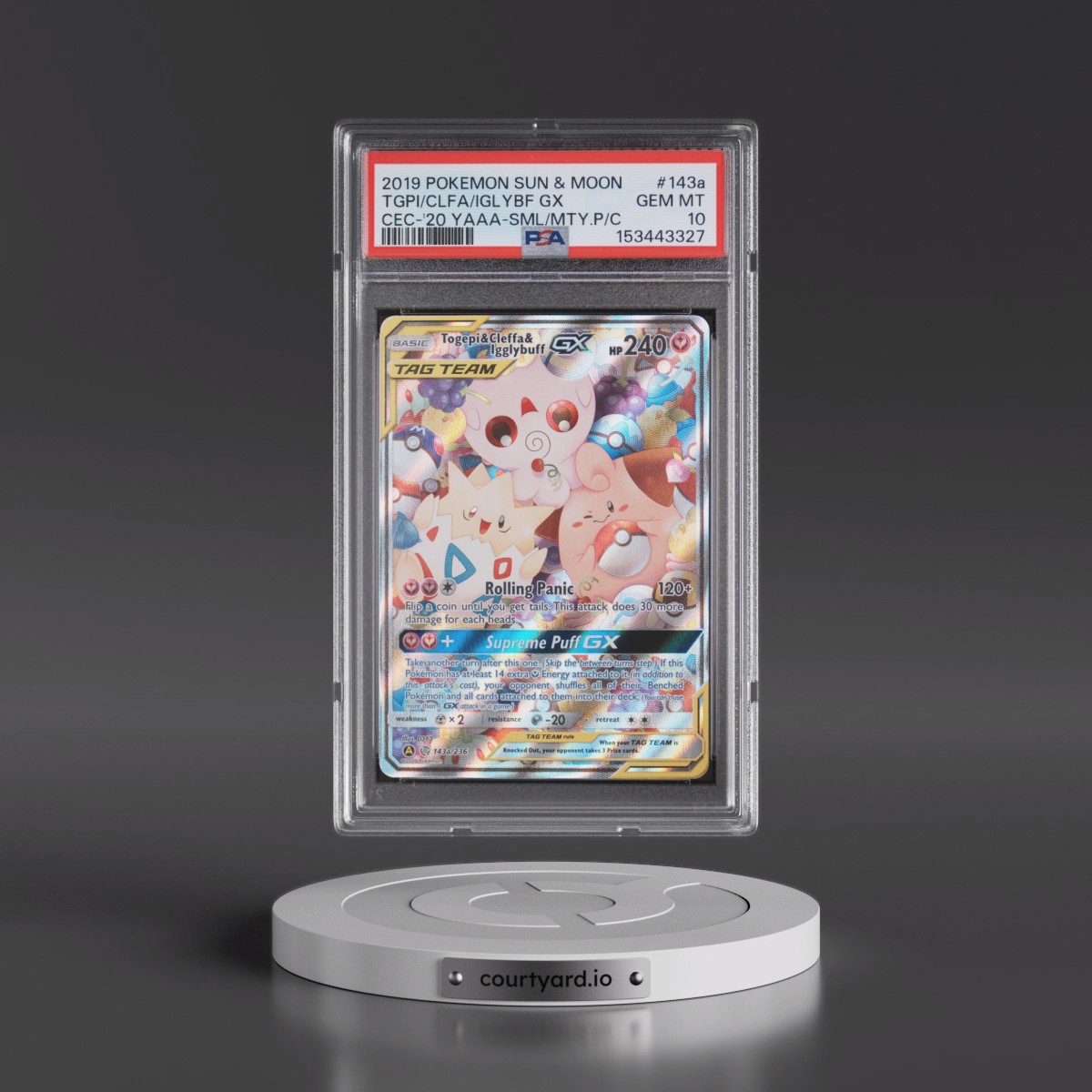 2019 Pokémon Sun & Moon Cosmic Eclipse #143a Togepi & Cleffa & Igglybuff GX - Holo 2020 Yellow A Alternate Art Small But Mighty Premium Collection (PSA 10 GEM MINT) - Photo