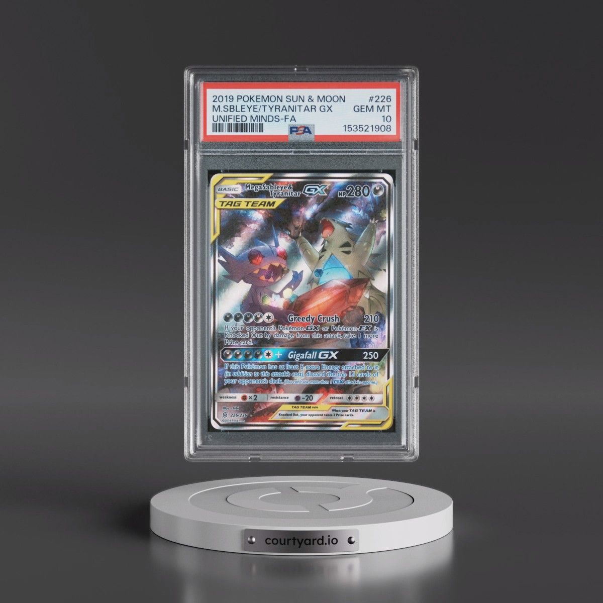 2019 Pokémon Sun & Moon Unified Minds #226 Mega Sableye & Tyranitar GX - Holo Full Art (PSA 10 GEM MINT)