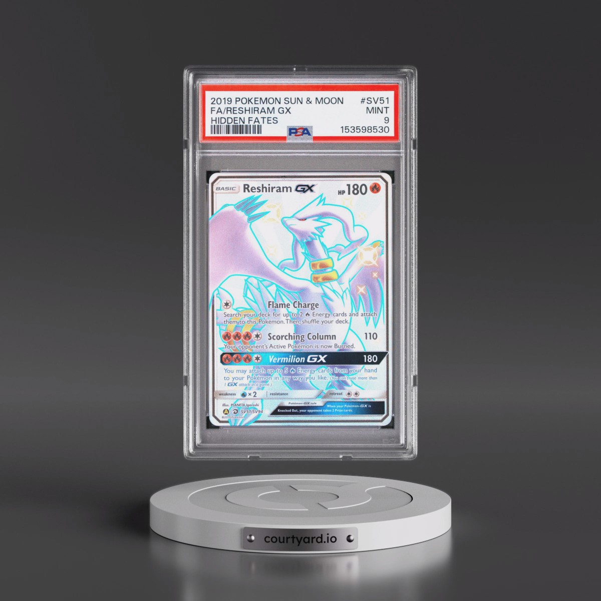 2019 Pokémon Sun & Moon Hidden Fates #SV51 Reshiram GX - Holo Full Art (PSA 9 MINT)
