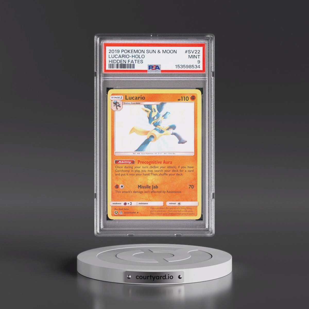 2019 Pokémon Sun & Moon Hidden Fates #SV22 Lucario - Holo (PSA 9 MINT)