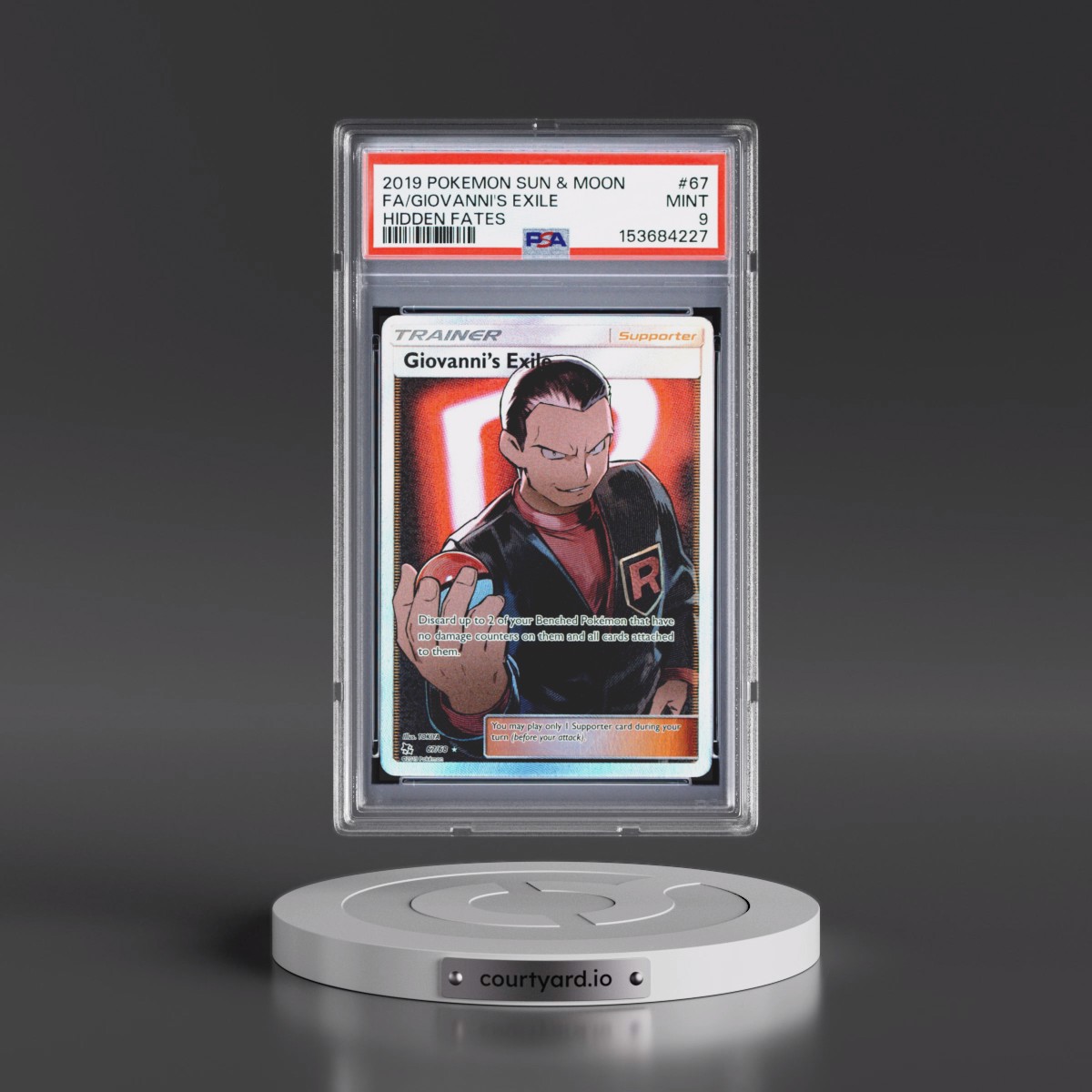 2019 Pokémon Sun & Moon Hidden Fates #67 Giovanni's Exile - Full Art (PSA 9 MINT)