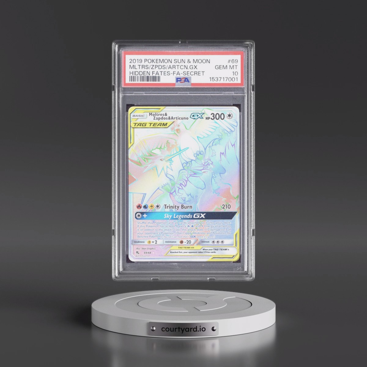 2019 Pokémon Sun & Moon Hidden Fates #69 Moltres & Zapdos & Articuno GX - Holo Full Art Secret (PSA 10 GEM MINT)