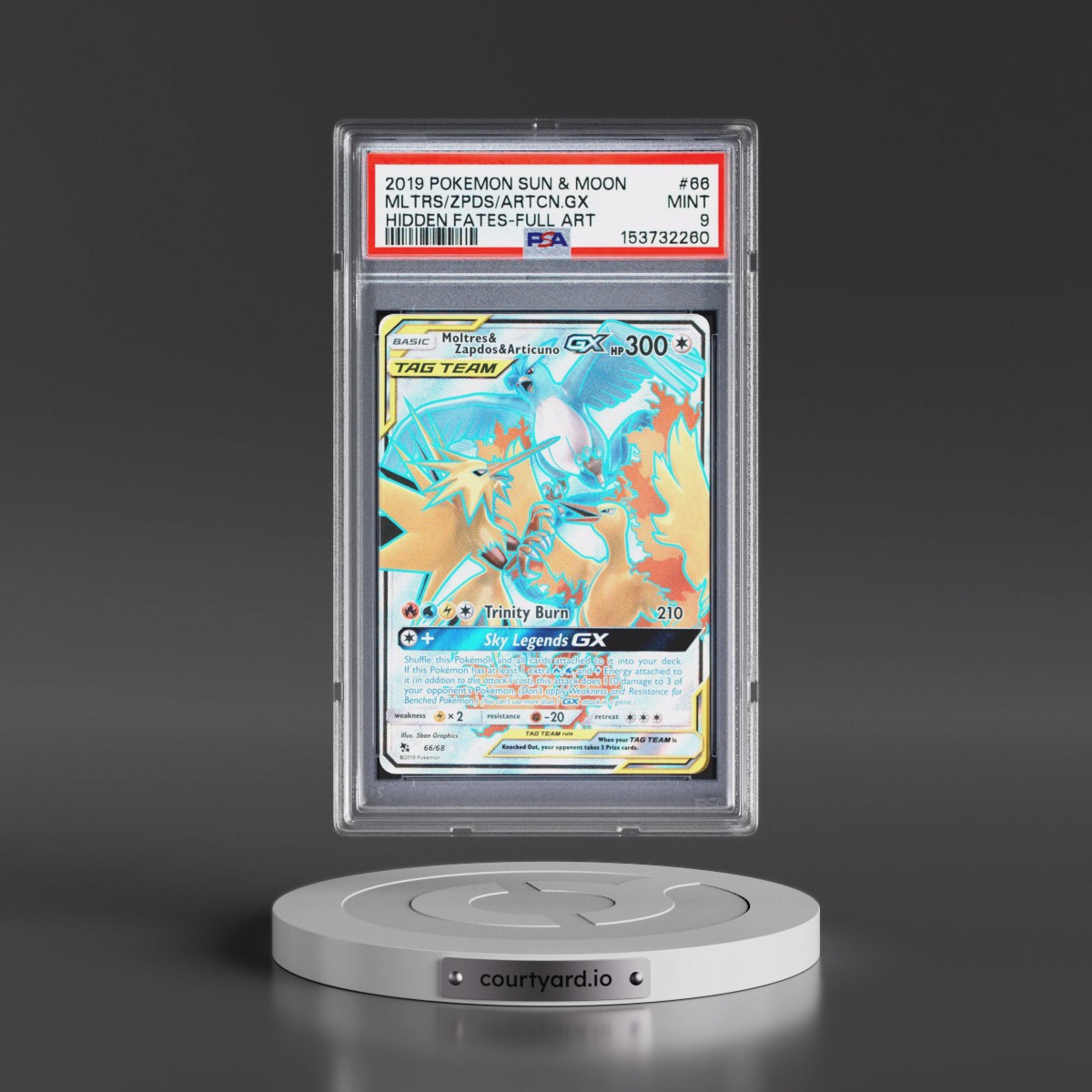 2019 Pokémon Sun & Moon Hidden Fates #66 Moltres & Zapdos & Articuno GX - Holo Full Art (PSA 9 MINT)