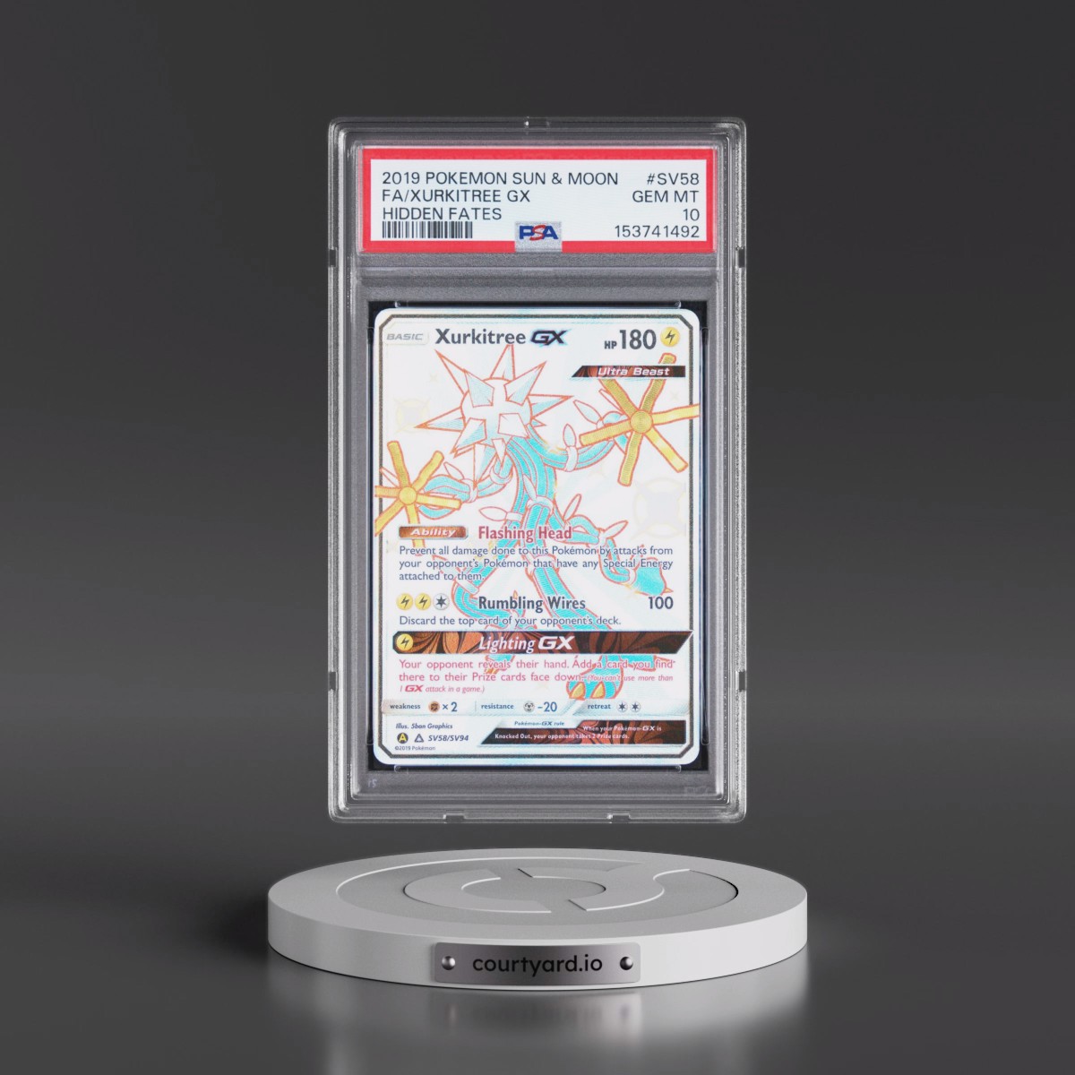 2019 Pokémon Sun & Moon Hidden Fates #SV58 Xurkitree GX - Holo Full Art (PSA 10 GEM MINT)