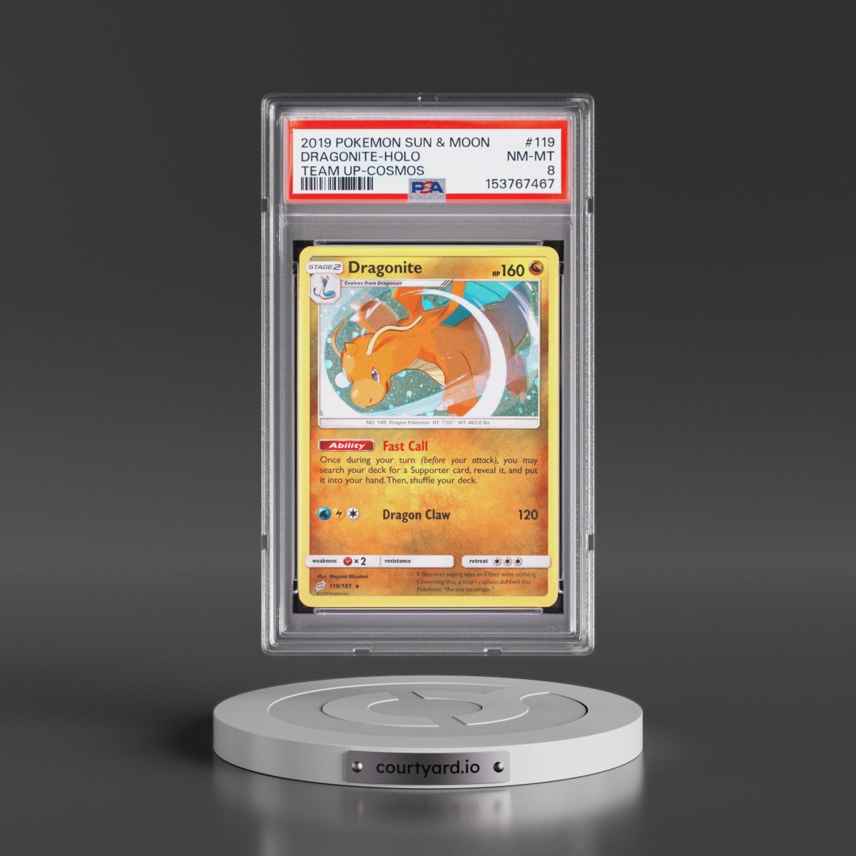 2019 Pokémon Sun & Moon Team Up #119 Dragonite - Holo Cosmos (PSA 8 NM-MT)
