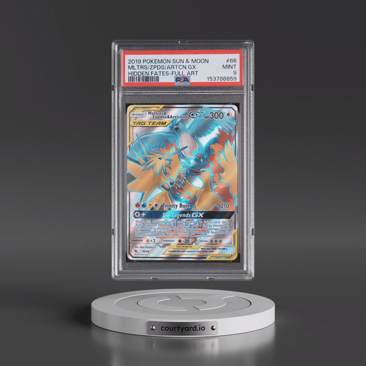 2019 Pokémon Sun & Moon Hidden Fates #66 Moltres & Zapdos & Articuno GX - Holo Full Art (PSA 9 MINT)
