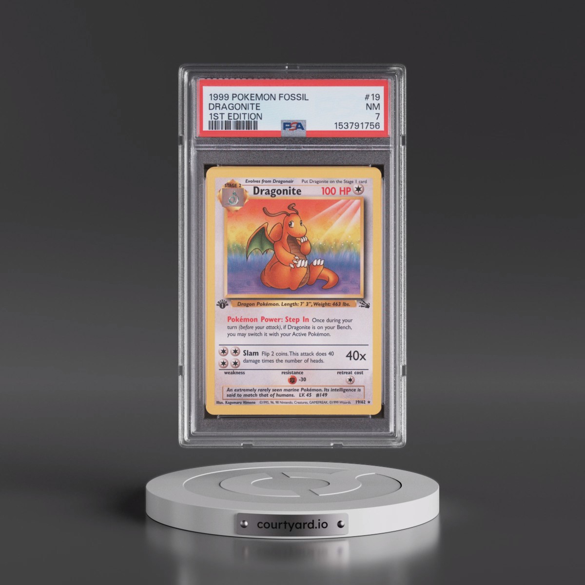 1999 Pokémon Fossil #19 Dragonite - 1st Edition (PSA 7 NM)