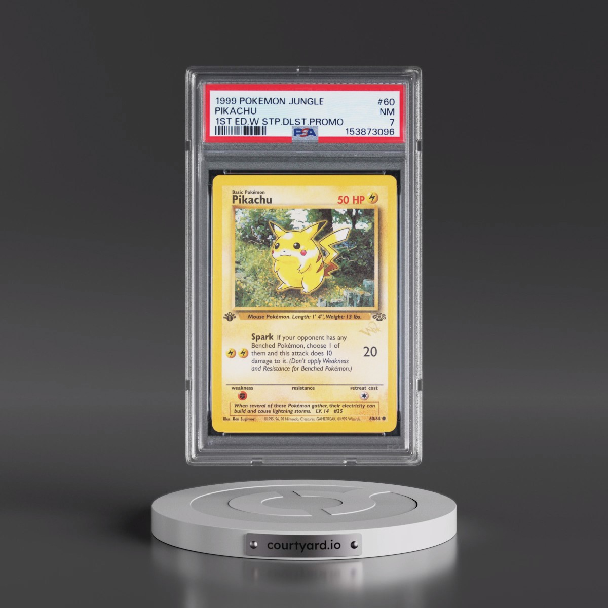 1999 Pokémon Jungle #60 Pikachu - 1st Edition W Stamp Duelist Promo (PSA 7 NM)