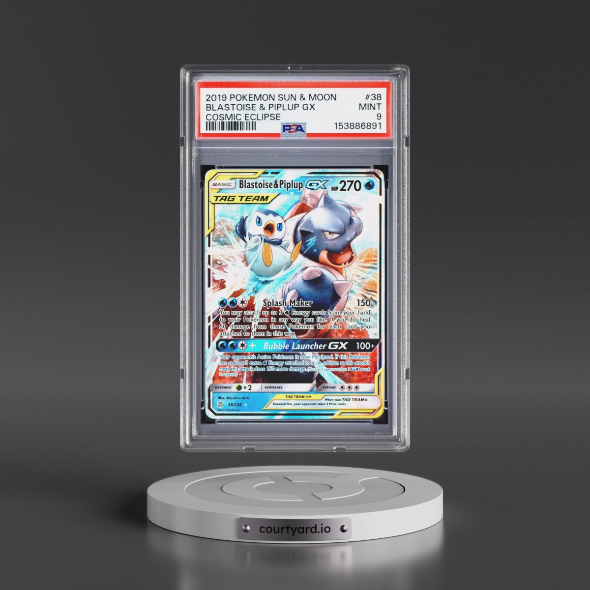 2019 Pokémon Sun & Moon Cosmic Eclipse #38 Blastoise & Piplup GX - Holo (PSA 9 MINT)