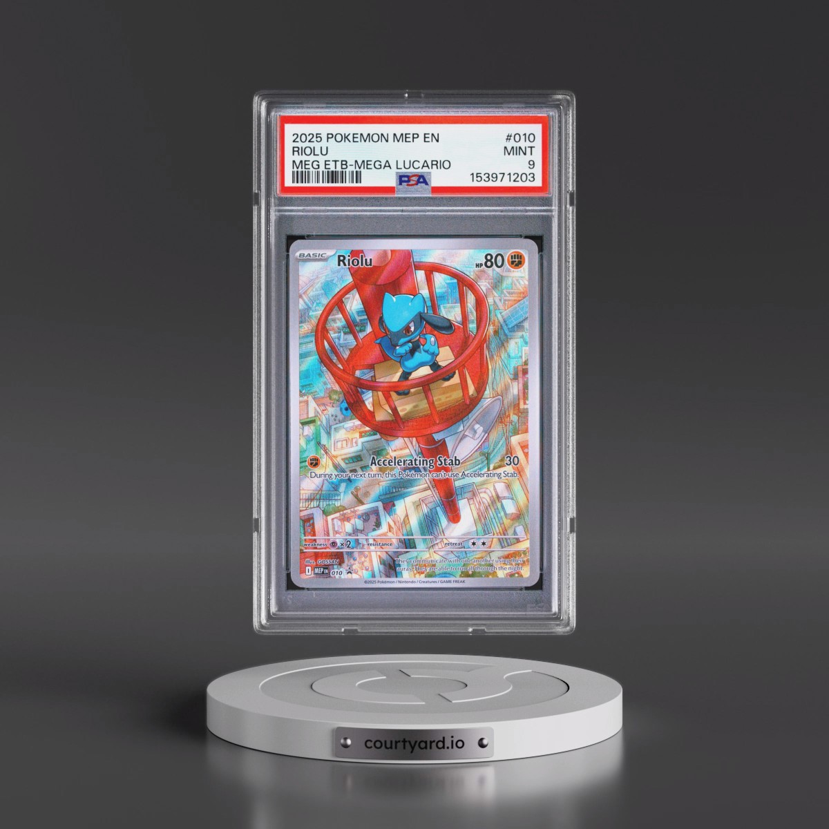 2025 Pokémon Mep EN-Me Black Star Promo #010 Riolu - Mega Evolution Elite Trainer Box-Mega Lucario (PSA 9 MINT)