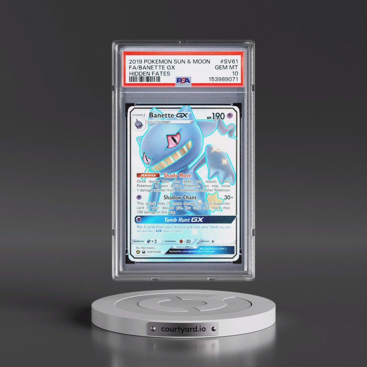 2019 Pokémon Sun & Moon Hidden Fates #SV61 Banette GX - Holo Full Art (PSA 10 GEM MINT)