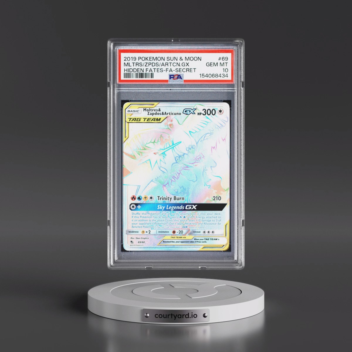 2019 Pokémon Sun & Moon Hidden Fates #69 Moltres & Zapdos & Articuno GX - Holo Full Art Secret (PSA 10 GEM MINT)