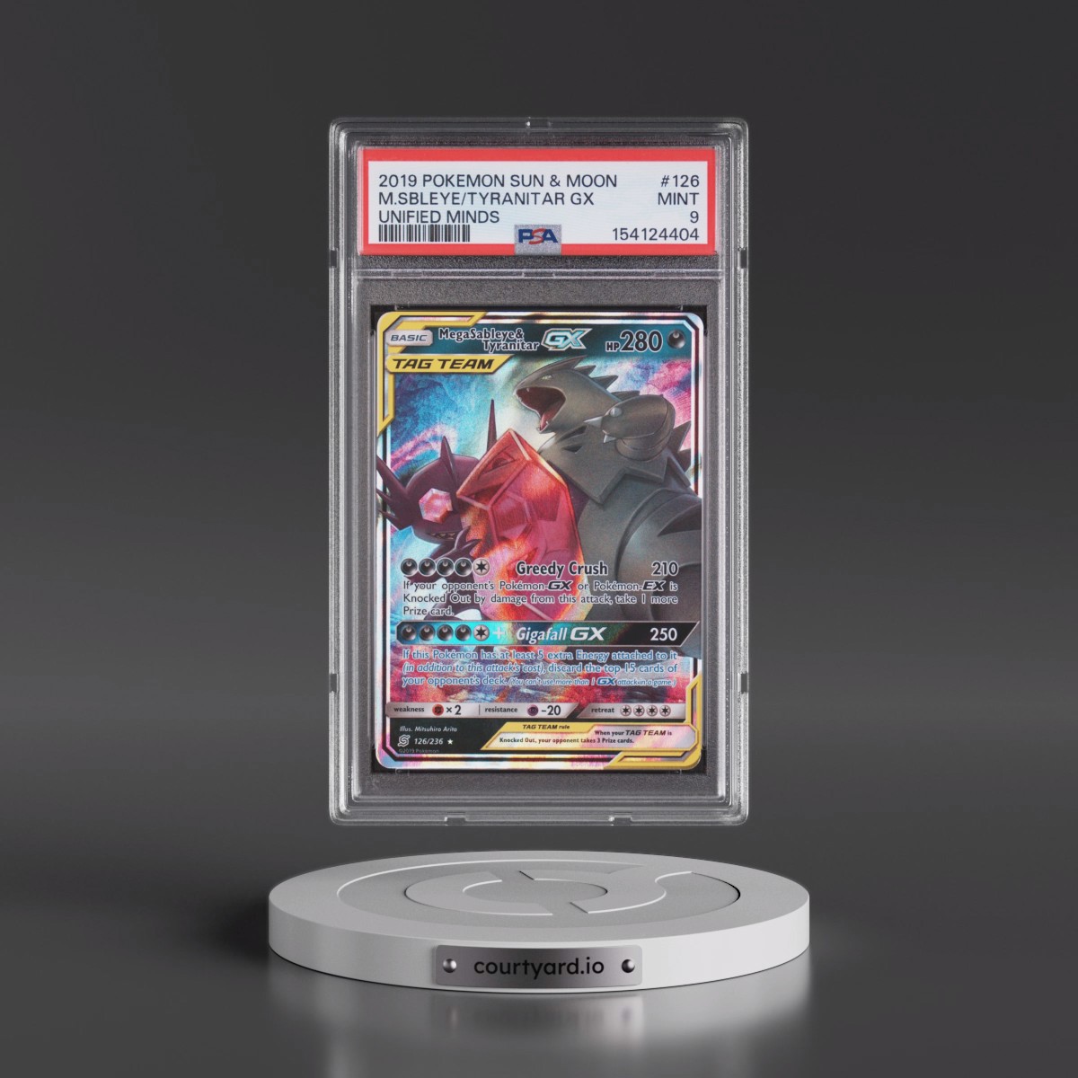 2019 Pokémon Sun & Moon Unified Minds #126 Mega Sableye & Tyranitar GX - Holo (PSA 9 MINT)