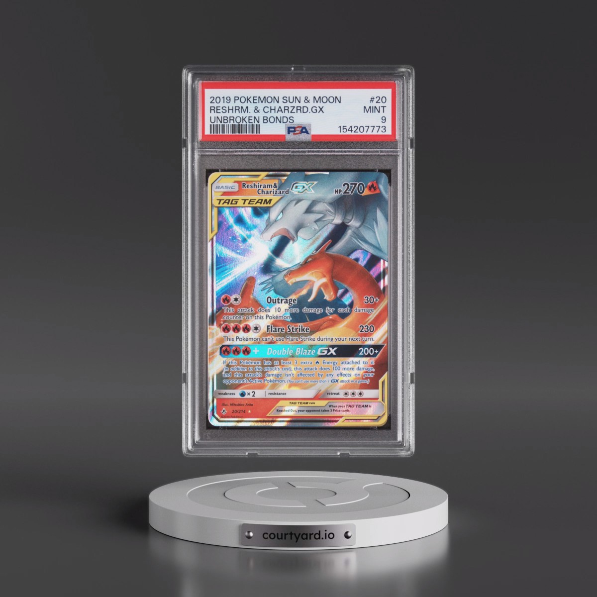 2019 Pokémon Sun & Moon Unbroken Bonds #20 Reshiram & Charizard GX - Holo (PSA 9 MINT)