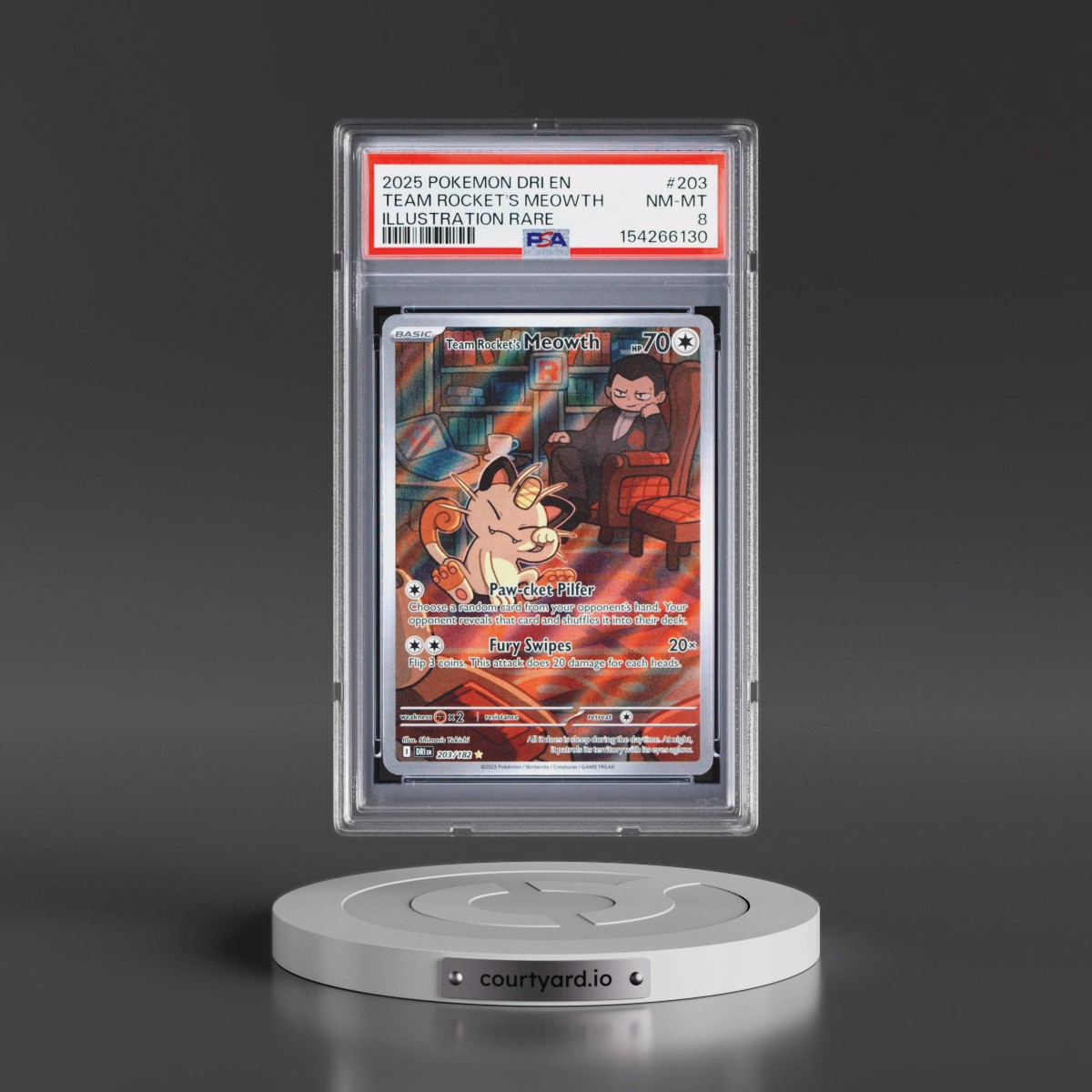2025 Pokémon Dri EN-Destined Rivals #203 Team Rocket's Meowth - Illustration Rare (PSA 8 NM-MT)