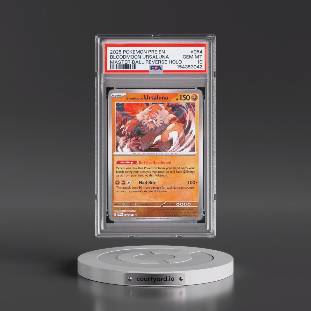 2025 Pokémon Pre EN-Prismatic Evolutions #054 Bloodmoon Ursaluna - Reverse Holo Master Ball (PSA 10 GEM MINT)