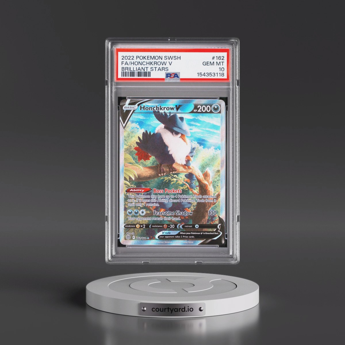 2022 Pokémon Sword & Shield Brilliant Stars #162 Honchkrow V - Holo Full Art (PSA 10 GEM MINT)