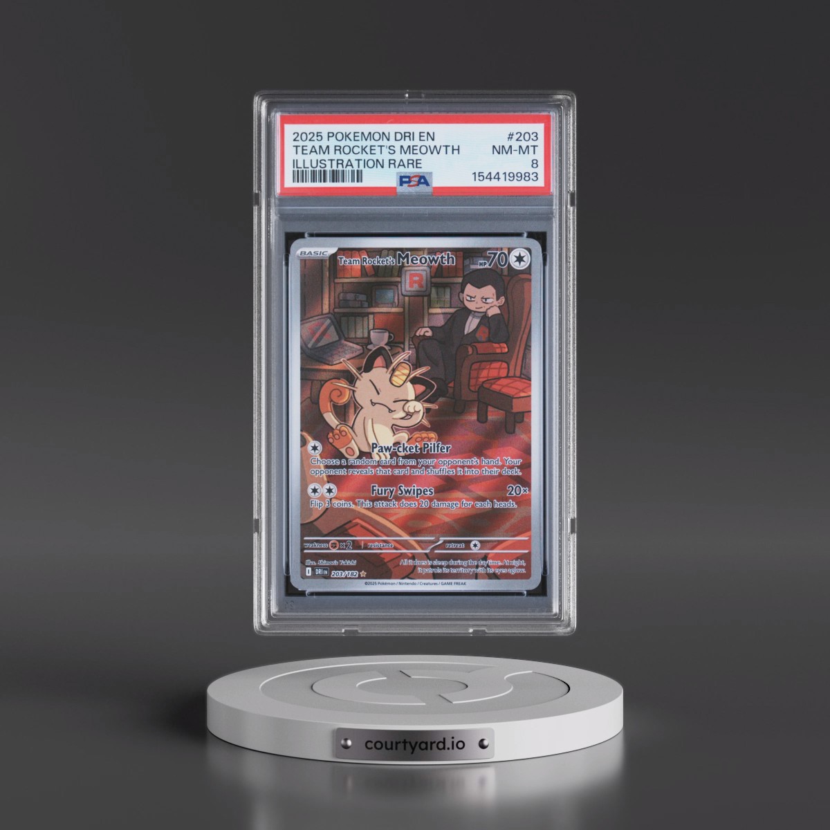 2025 Pokémon Dri EN-Destined Rivals #203 Team Rocket's Meowth - Illustration Rare (PSA 8 NM-MT)